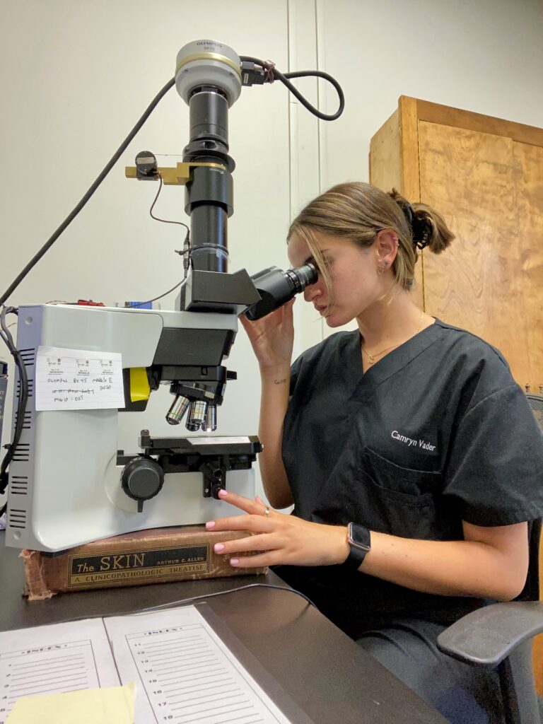 Camryn looking through a microscope